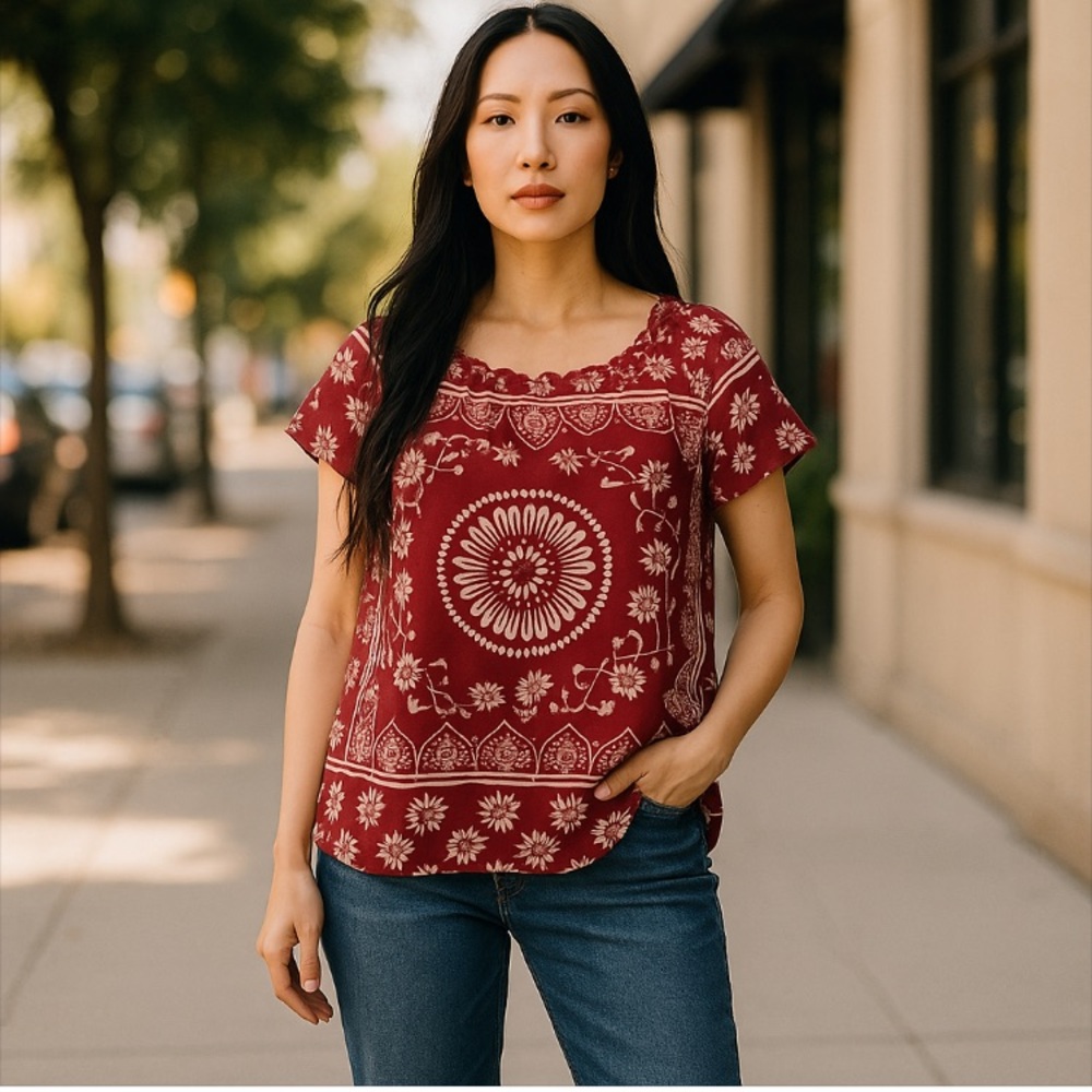 3/$29 Talbots Vintage Red Bandana Peasant Top Size L